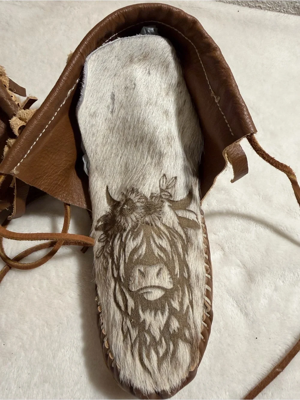 Brown Faux Fur Moccasin Boots with Highland Cow Design